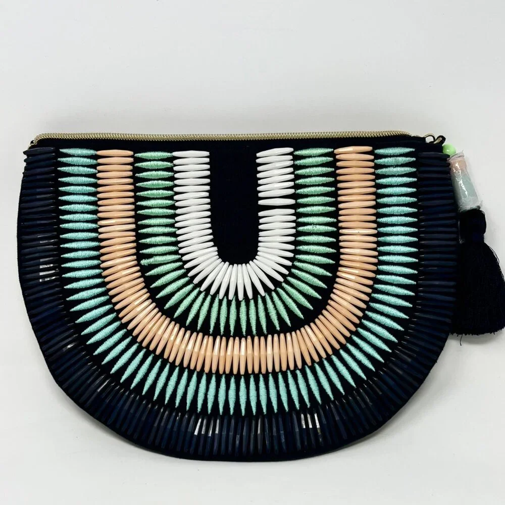 Stella & Dot‎ Purse Beaded Embroidered Clutch Handbag Half Circle Dark Navy